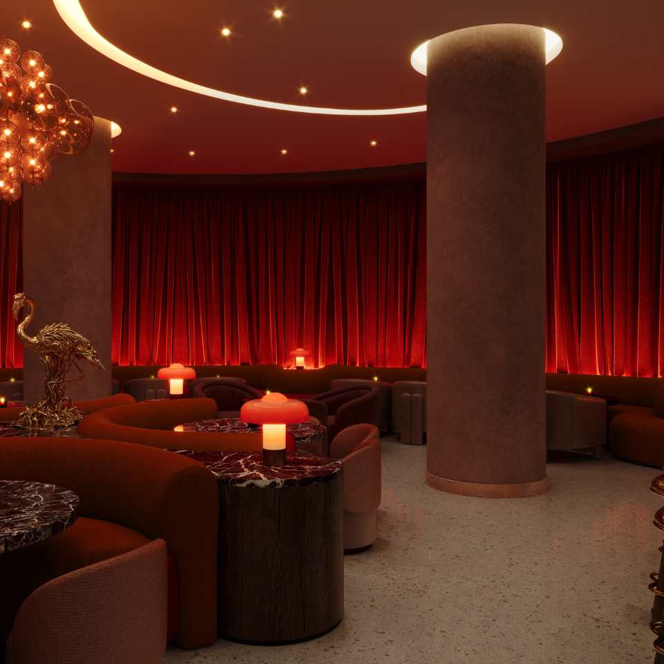 Red-lit lounge interior with curved ceiling