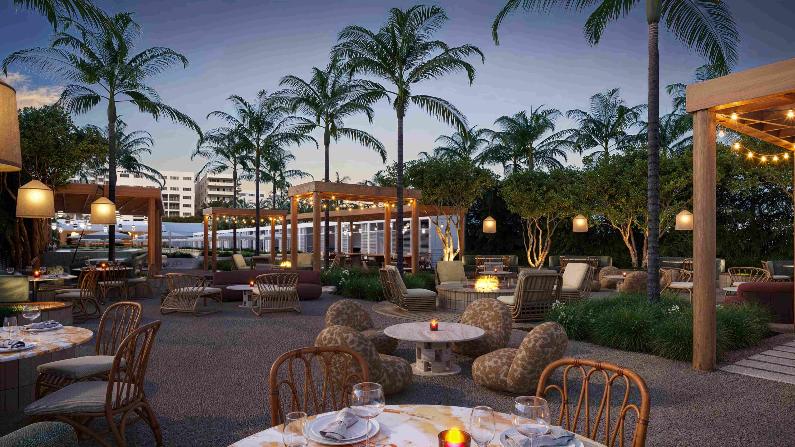 Palm-lined poolside path at dusk