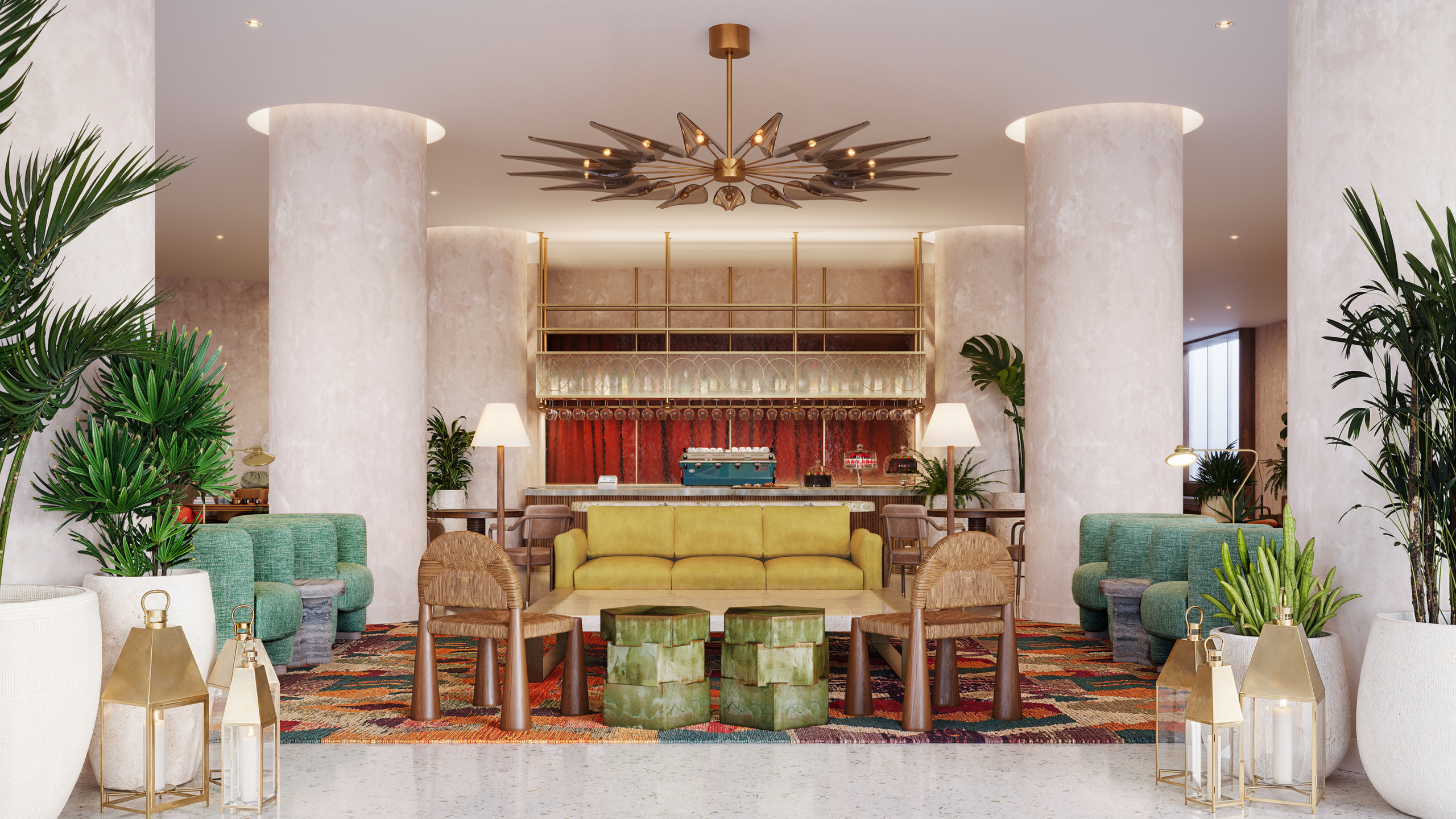 Hotel lobby living area with chandelier and cream sofa